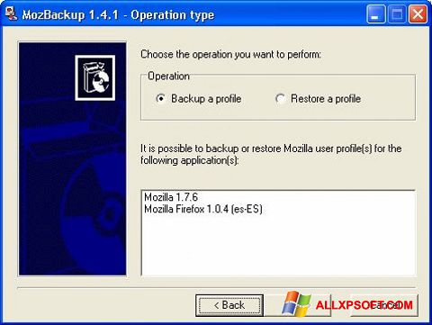 સ્ક્રીનશૉટ MozBackup Windows XP