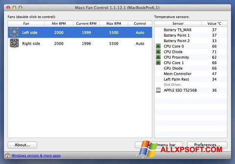 સ્ક્રીનશૉટ Macs Fan Control Windows XP