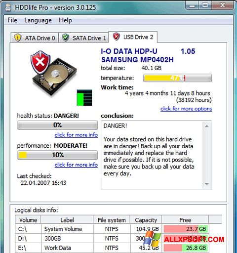 સ્ક્રીનશૉટ HDDlife Windows XP