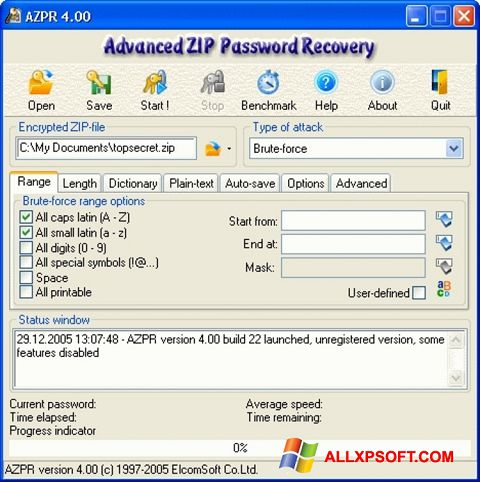 સ્ક્રીનશૉટ Advanced Archive Password Recovery Windows XP