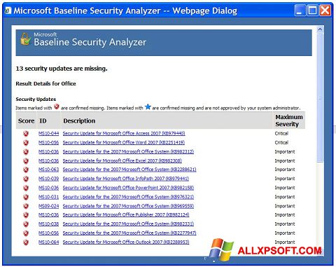 સ્ક્રીનશૉટ Microsoft Baseline Security Analyzer Windows XP