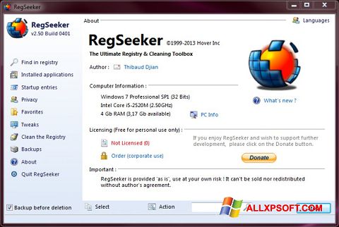 સ્ક્રીનશૉટ RegSeeker Windows XP