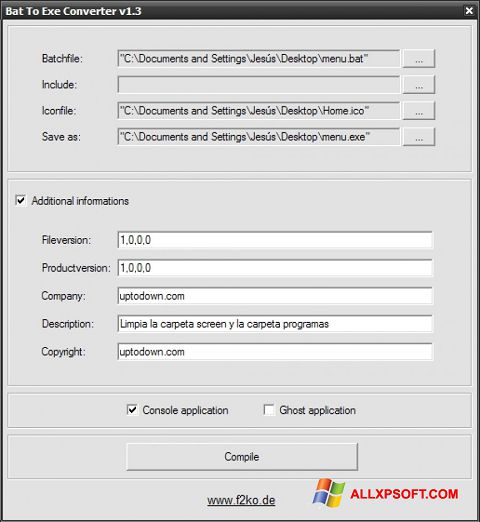 સ્ક્રીનશૉટ Bat To Exe Converter Windows XP