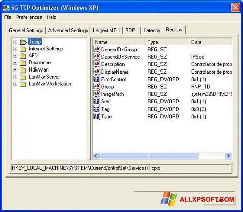 સ્ક્રીનશૉટ TCP Optimizer Windows XP